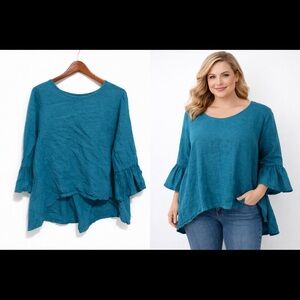 bryn Walker Teal Linen Blend Ruffle Sleeve Tunic Top M Flowy High Low